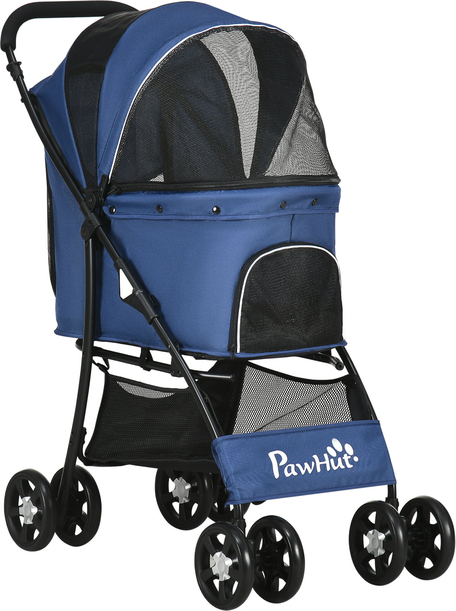 PawHut Foldable Pet Stroller, Dog Cat Travel Carriage with Universal Wheels, Brake Canopy, Basket Storage, Dark Blue.