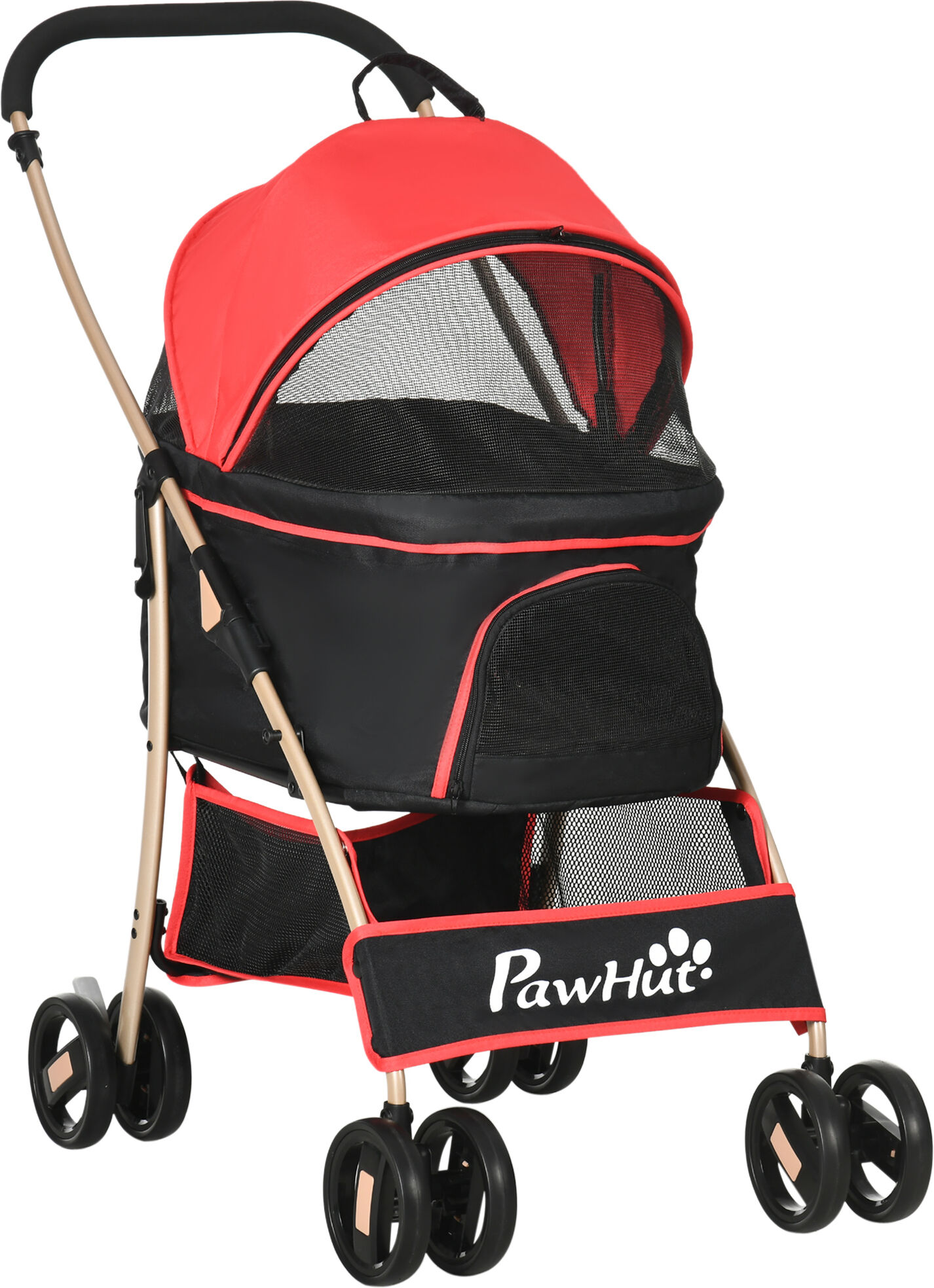 PawHut 3-In-1 Pet Stroller, Detachable Dog Pushchair with Universal Wheels, Brake & Canopy, Foldable Travel Bag for XS & S Pets, Red