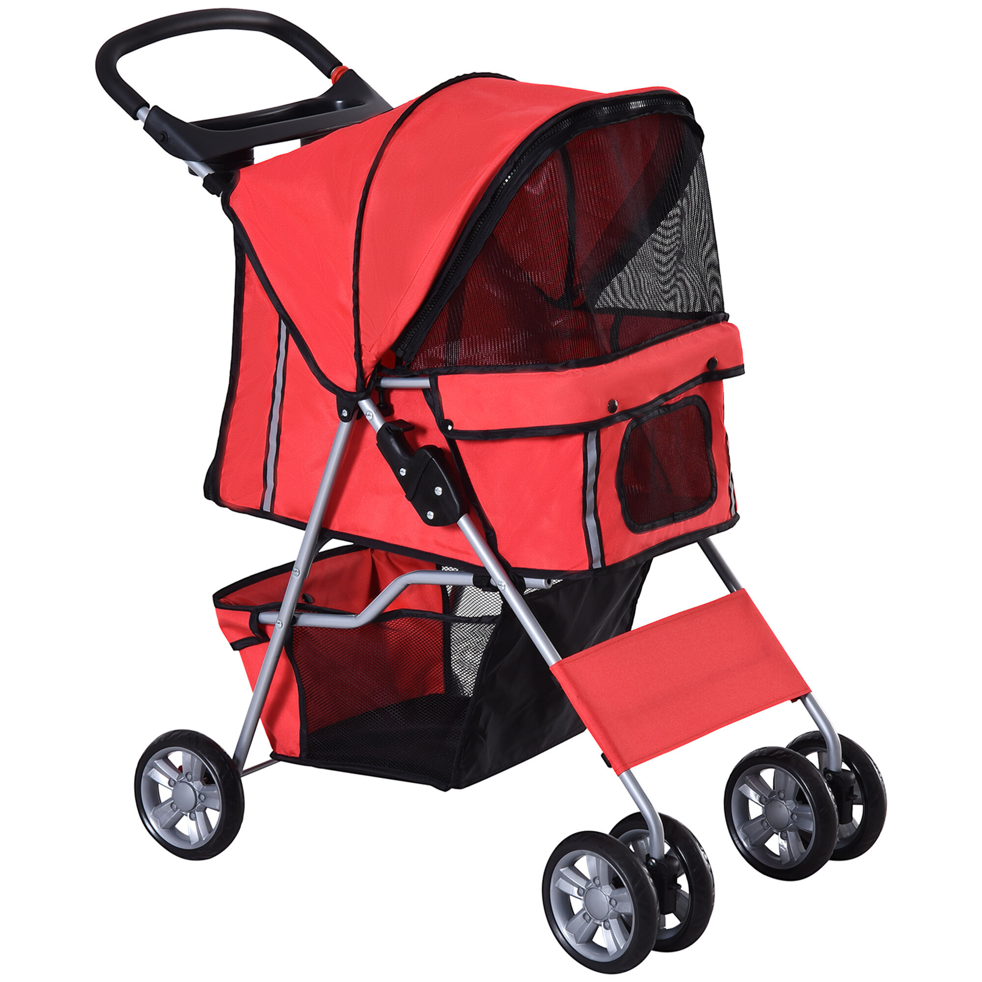 PawHut Pet Stroller, Dog Pram, Foldable Pushchair, Cat Travel Carriage with Wheels, Zipper Entry, for Small Pets, Red