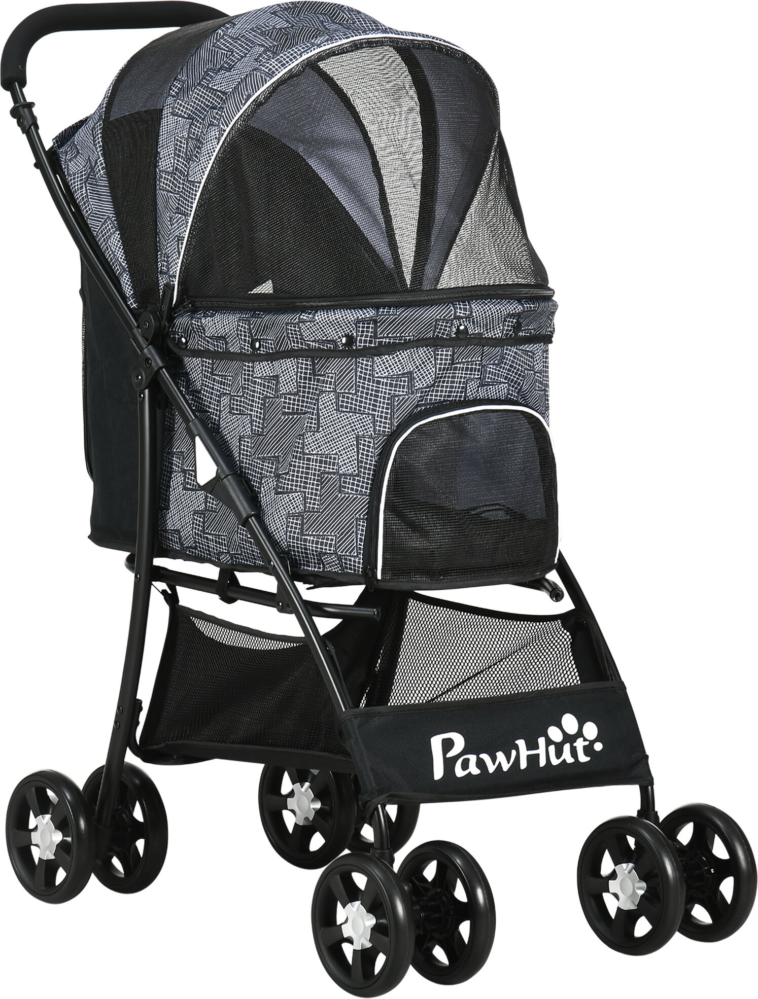 PawHut Pet Stroller, Dog Pushchair, Cat Travel Carriage, Foldable with Carrying Bag, Universal Wheels, Brake Canopy, for XS & S Sized Pets, Grey