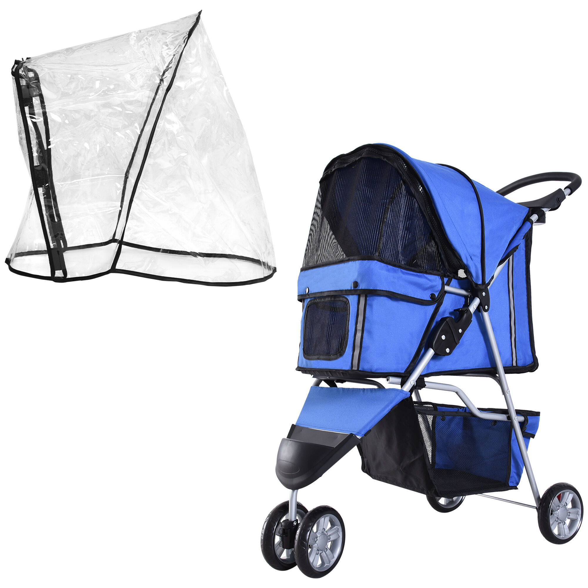 PawHut Dog Stroller, Miniature Dog and Cat Pushchair with Cover, Cup Holder, Storage, Reflective Safety Strips, Blue