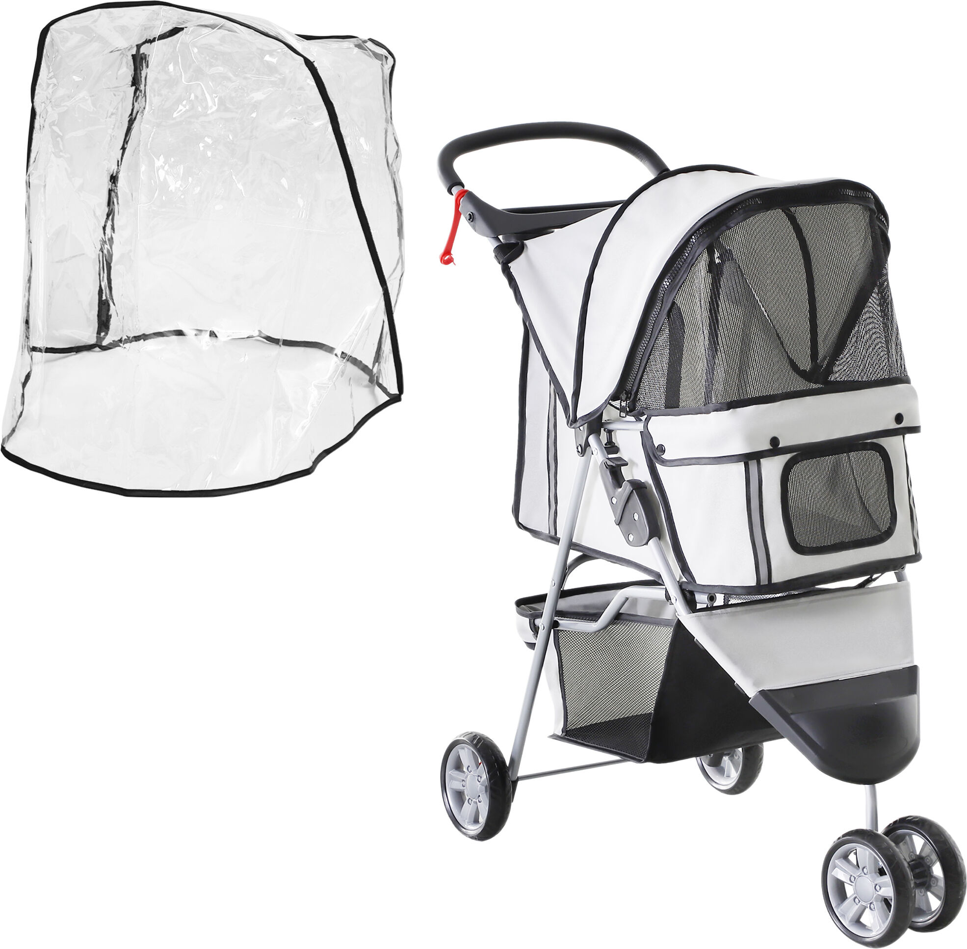 PawHut Small Dog Stroller with Cover, Folding Cat Pram Pushchair with Cup Holder, Storage Basket, Reflective Strips, Grey