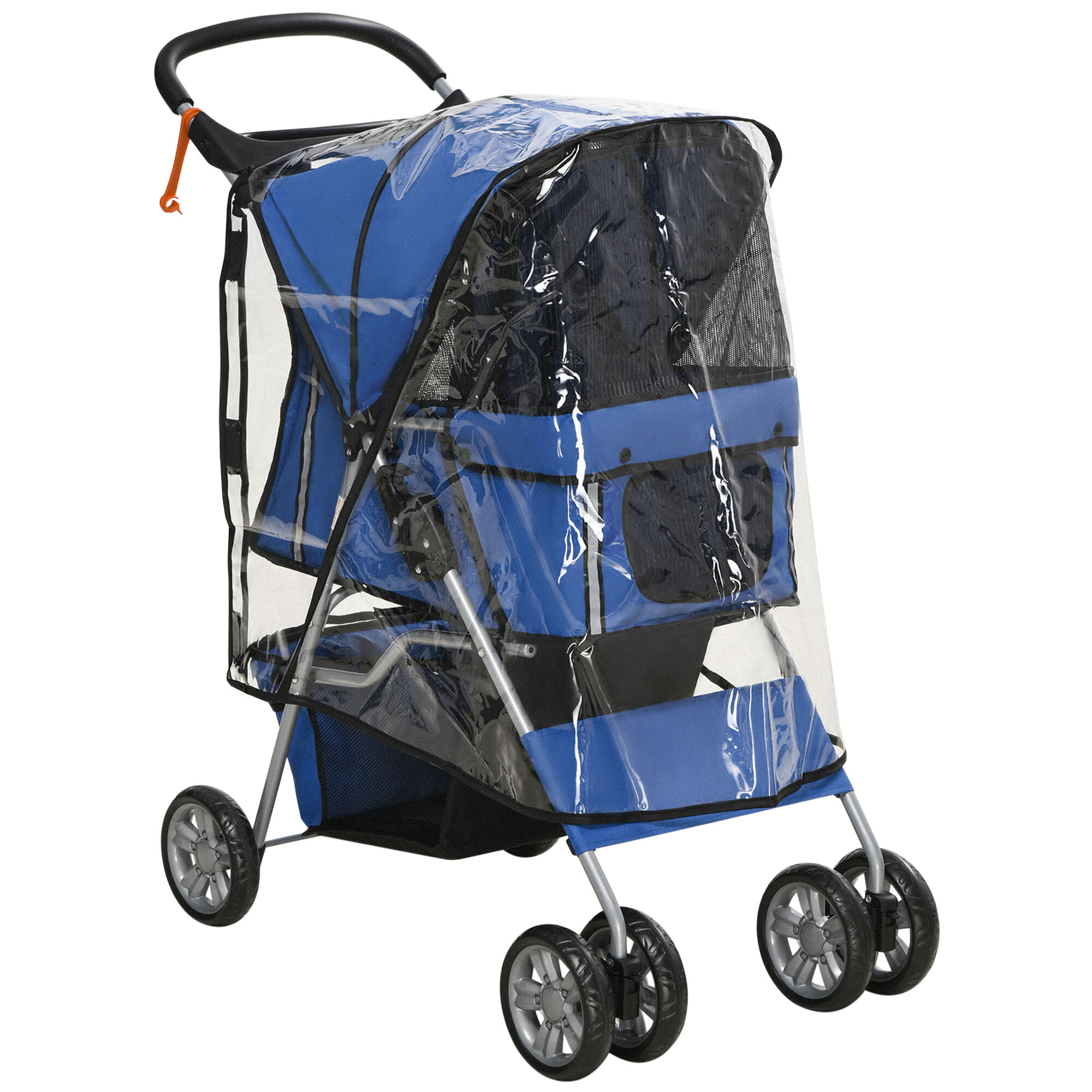 PawHut Small Dog Stroller, Lightweight, Folding, Rain Protection, Drink Holder, Basket, Safety Reflectors, Blue
