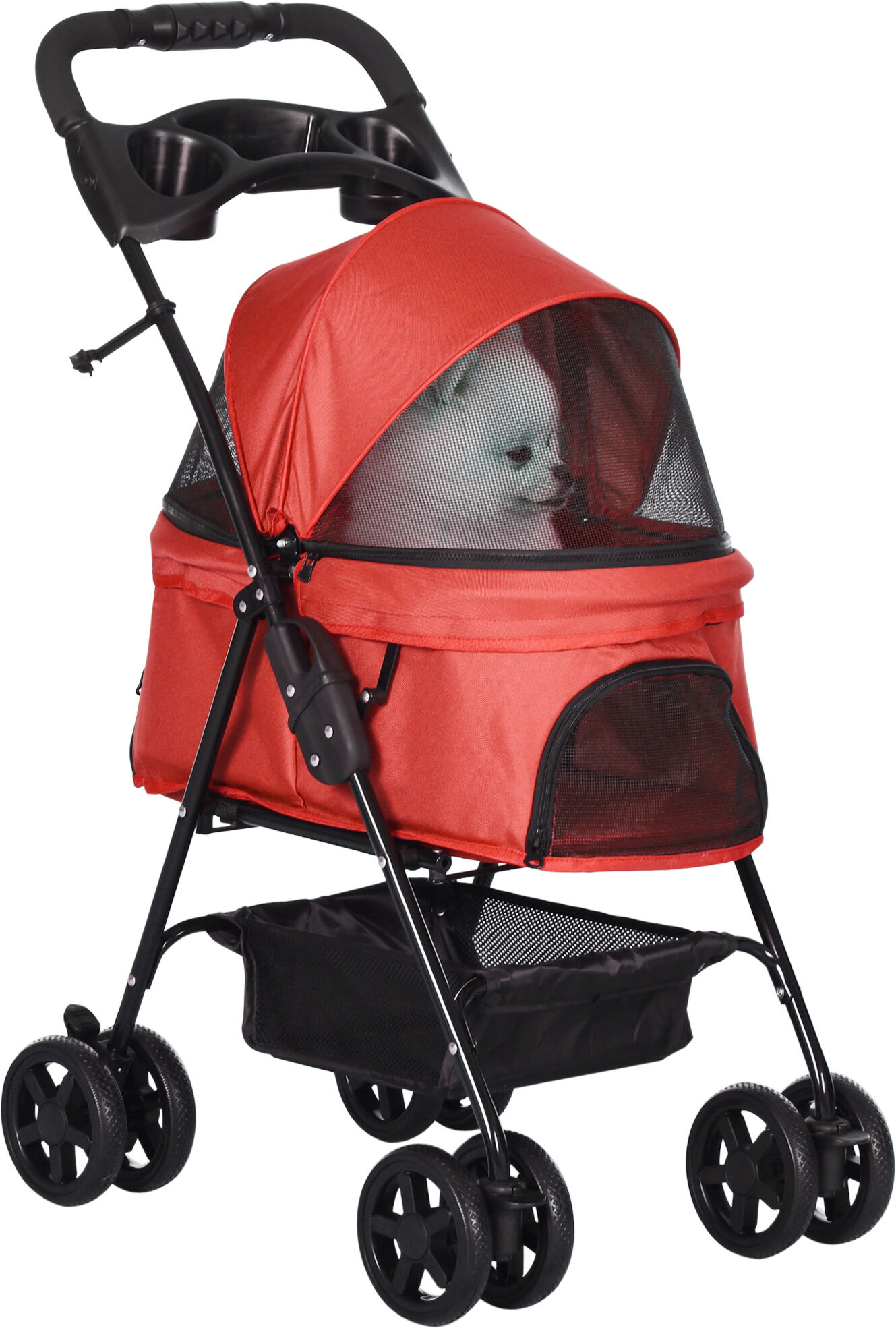 PawHut Pet Stroller No-Zip Dog Cat Travel Pushchair Fold Trolley Jogger with EVA Wheels Brake Basket Adjustable Canopy Safety Leash Red