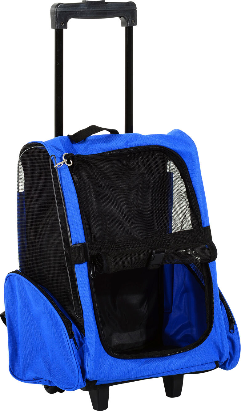 PawHut Portable Pet Carrier Backpack with Trolley, Telescopic Handle, Stroller Wheels for Cats & Dogs, 42 x 25 x 55 cm, Blue