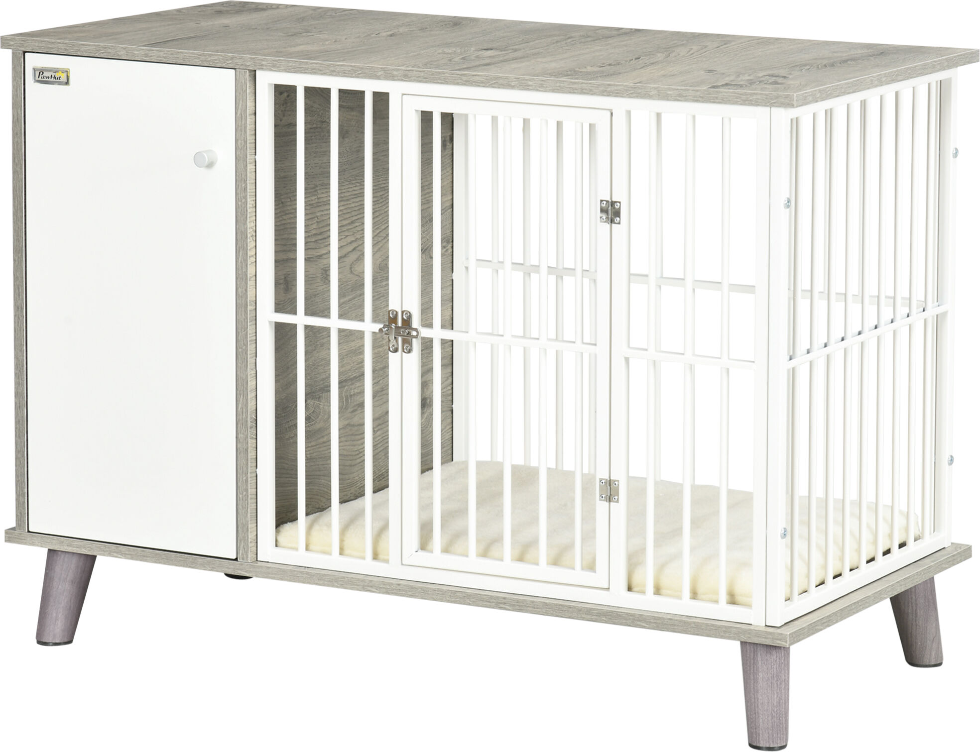 PawHut Dog Crate Furniture, Indoor Pet Kennel Cage, Top End Table w/ Soft Cushion, Lockable Door, for Small Dogs, 98 x 48 x 70.5 cm - Grey