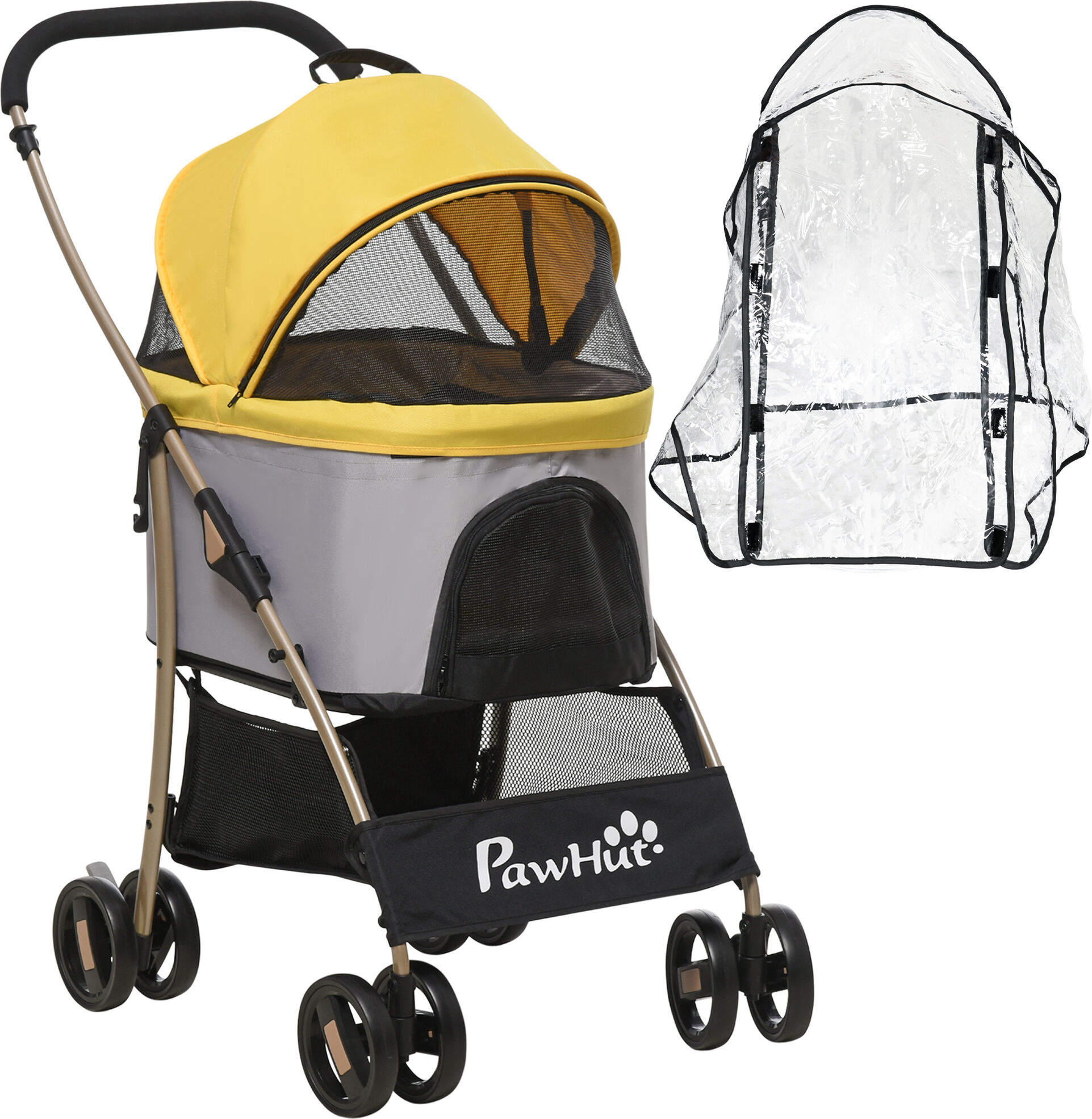 PawHut 3 In 1 Detachable Pet Stroller with Rain Cover, Foldable Cat Dog Pushchair, Universal Wheels, Brake, Canopy, Basket, Yellow