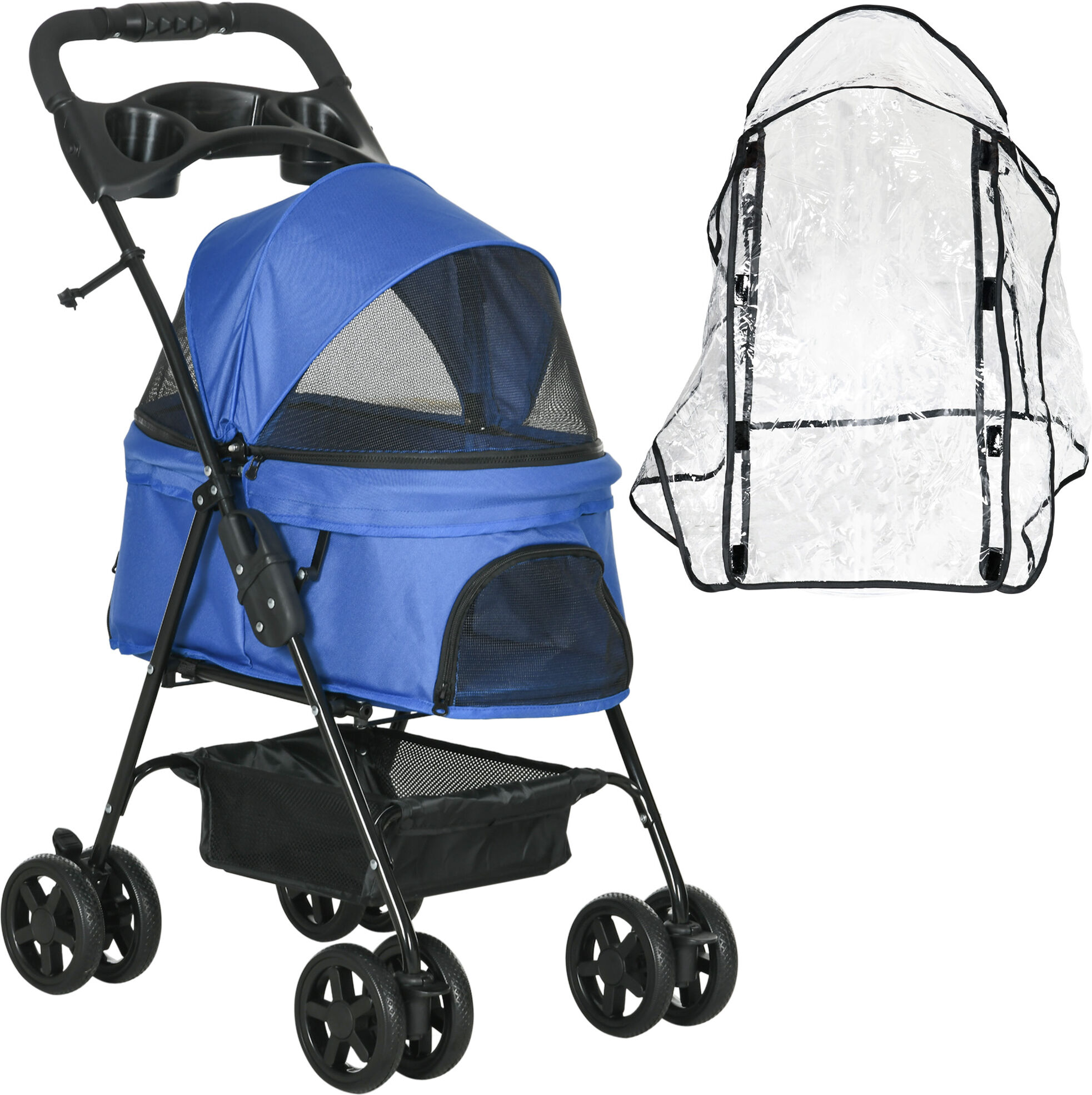 PawHut Dog Stroller with Rain Cover, One-Click Fold Pushchair with Brake, Basket, Adjustable Canopy, Safety Leash, Blue.