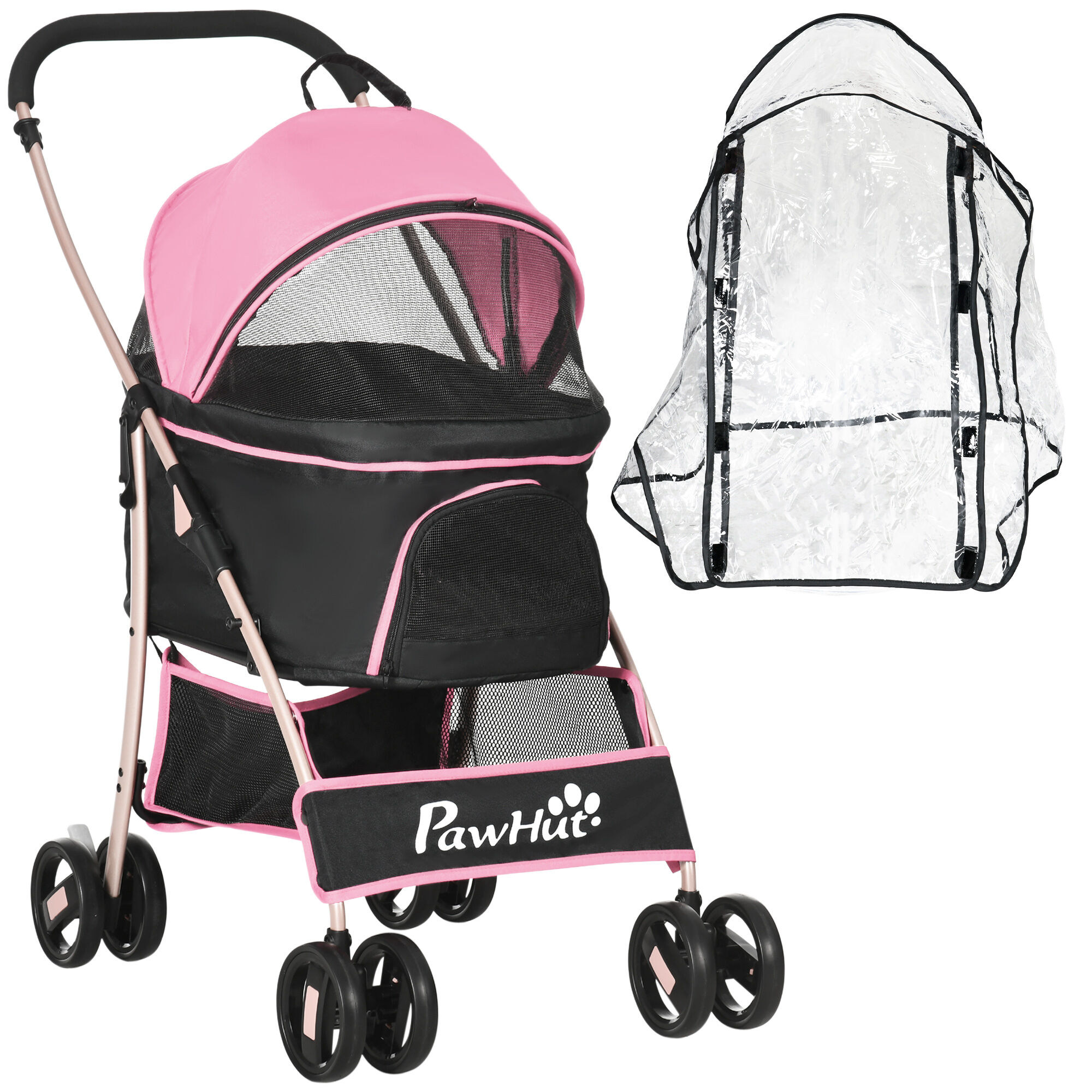PawHut Multifunctional Pet Stroller, 3-in-1 Dog and Cat Pushchair with Rain Cover, Foldable Carrier, Universal Wheels, Pink