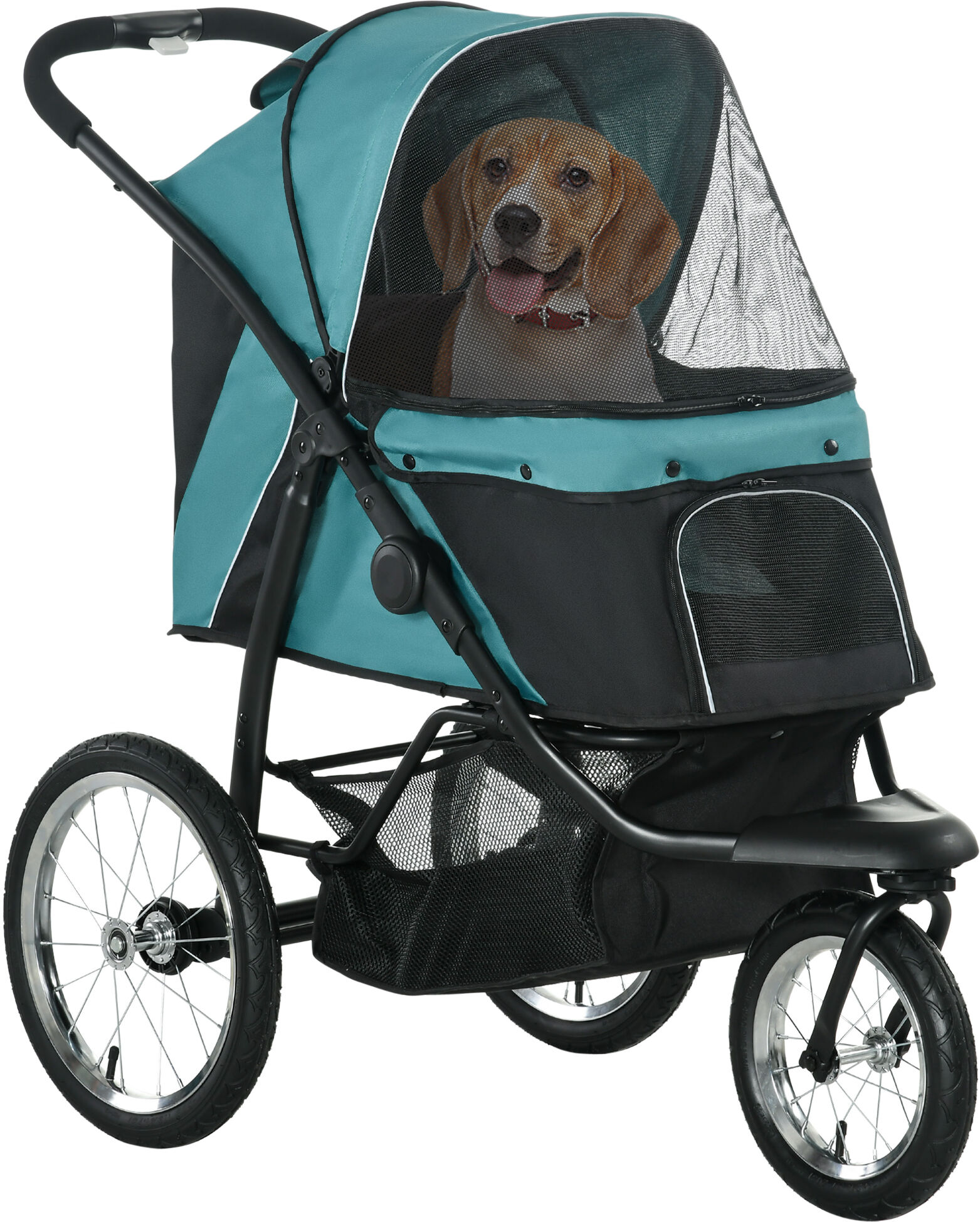 PawHut Pet Stroller Jogger for Medium, Small Dogs, Foldable Cat Pram Dog Pushchair w/ Adjustable Canopy, 3 Big Wheels - Dark Green