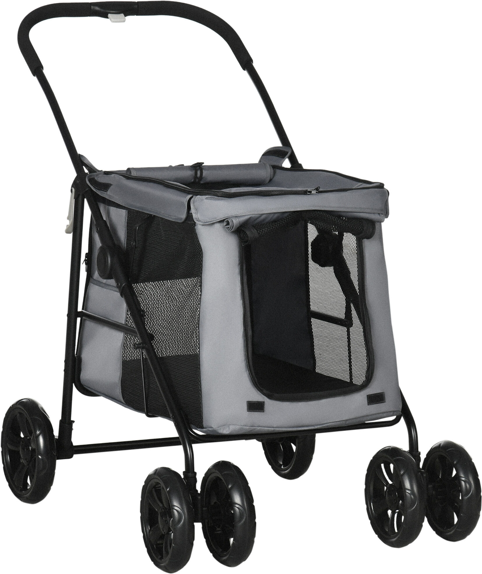 PawHut Foldable Pet Stroller One Click Dog Pushchair Cat Travel Carriage w/ EVA Wheels, Mesh Windows for Small Pets, Grey