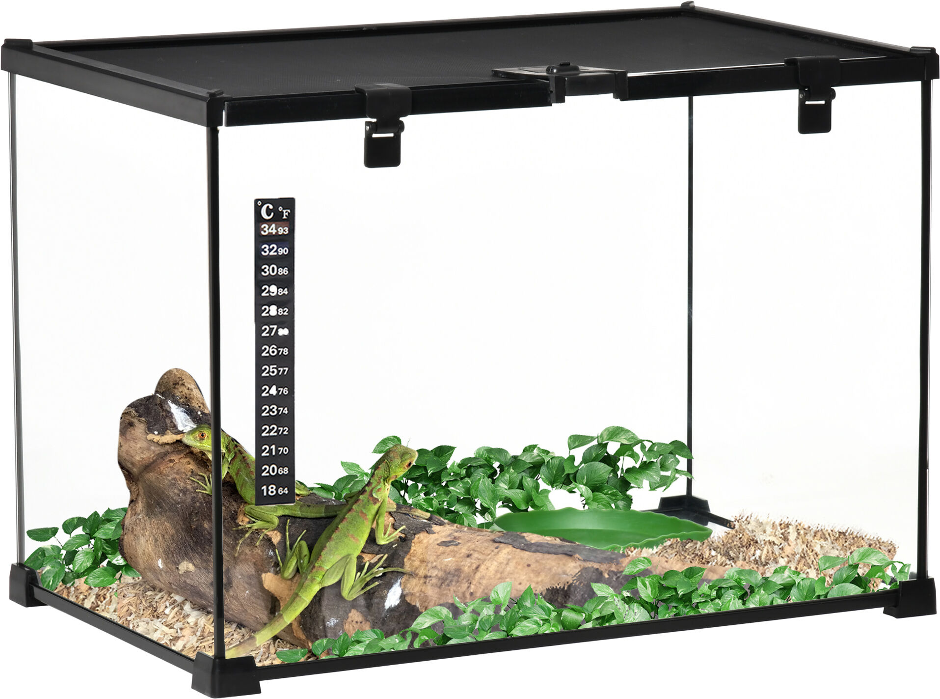 PawHut 50 x 30 x 35 cm Reptile Glass Terrarium, Reptile Breeding Tank, Climbing pet Glass Containers, Arboreal Box, with Strip Patch Thermometer-Black