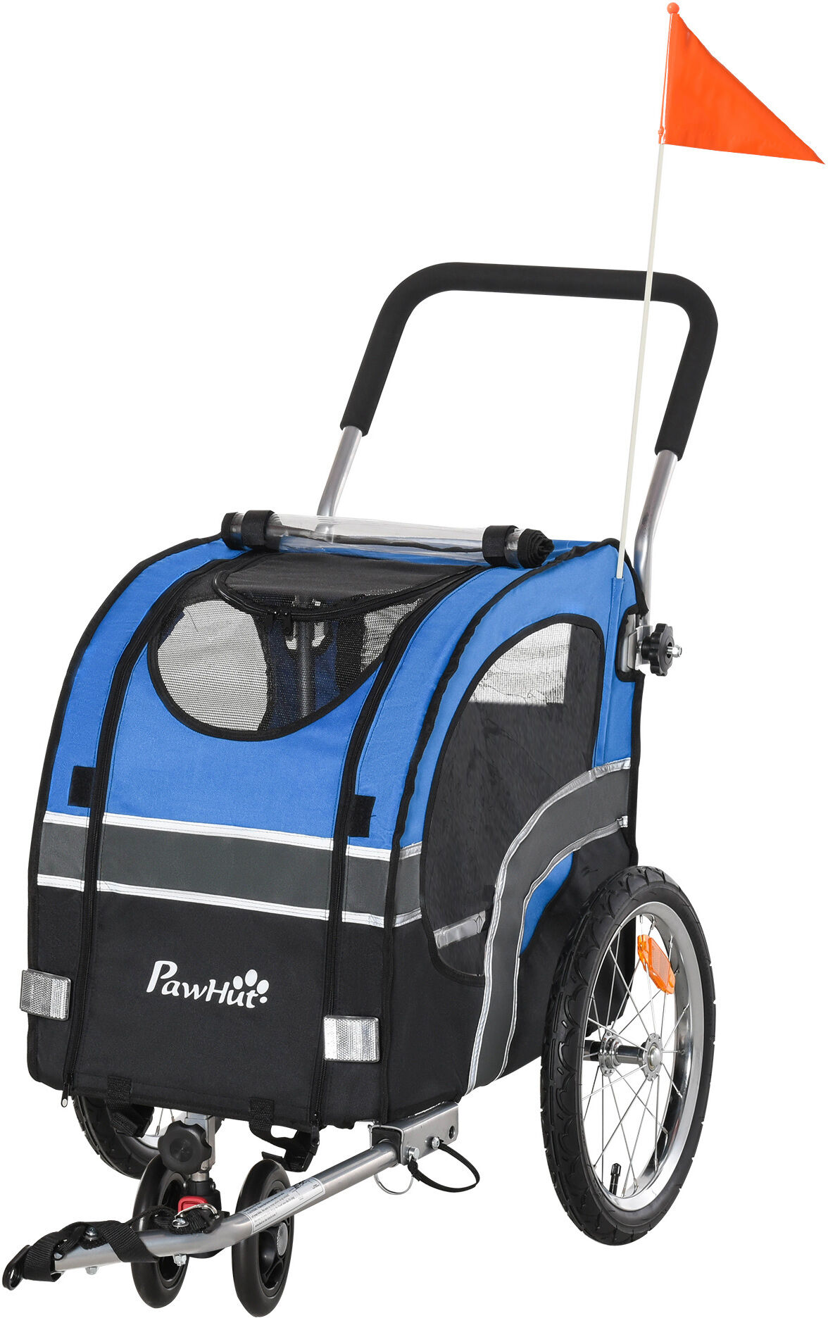 PawHut Dog Bike Trailer 2-in-1 Pet Cart Carrier Stroller Pushchair for Bicycle with 360° Rotatable Front Wheel Reflectors Weather Resistant Blue