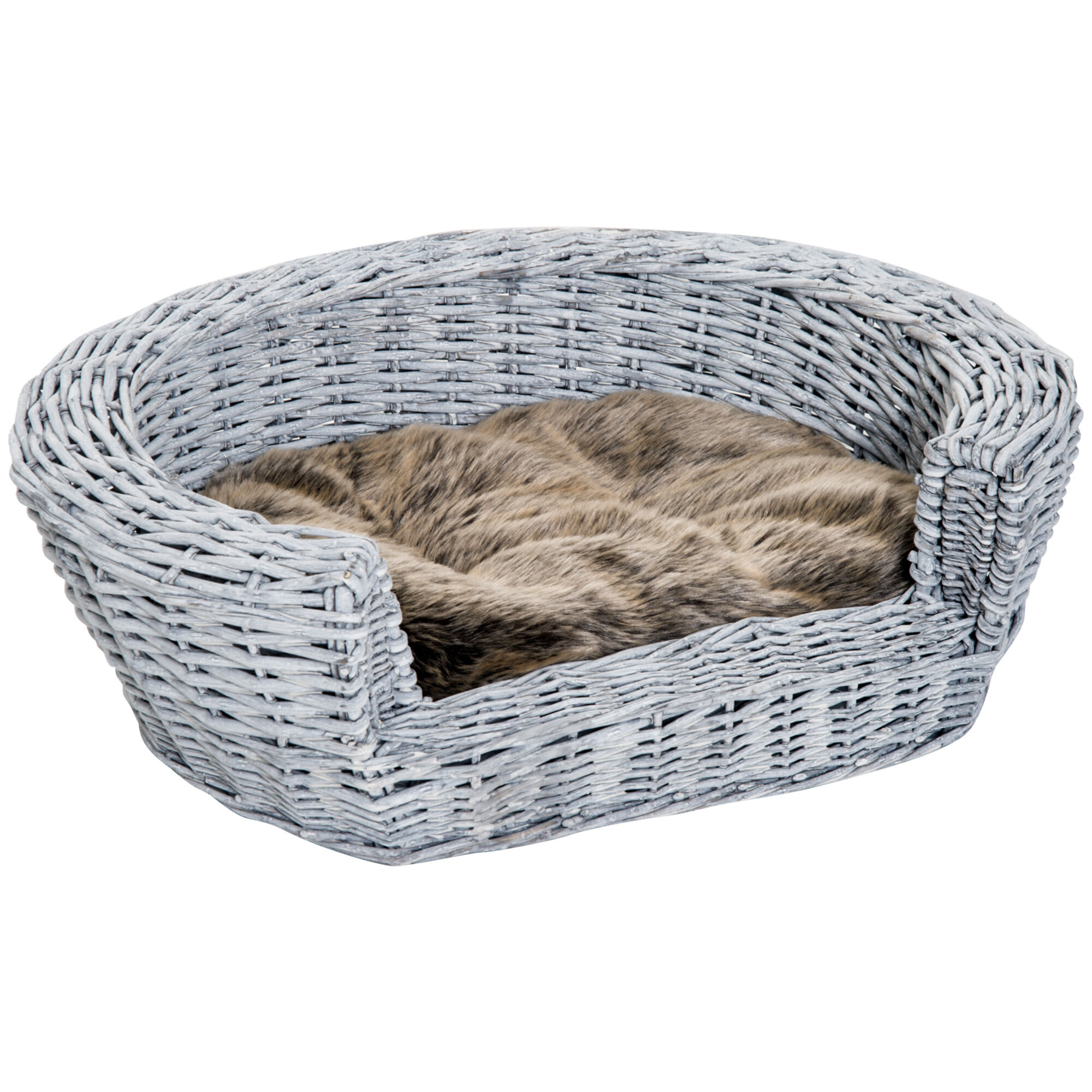 PawHut Pet Sofa Bed, Willow Rattan Basket with Soft Cushion, Durable, for Cats & Small Dogs, 57L x 46W x 17.5H cm, Grey