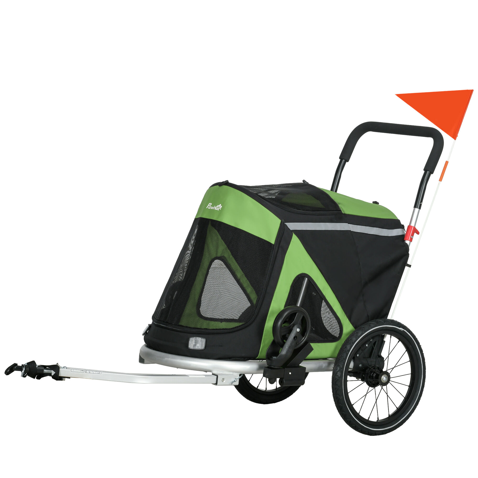 PawHut 2-in-1 Dog Bike Trailer & Pet Stroller, Aluminium, Foldable, for Medium Dogs, with Safety Flag, Green