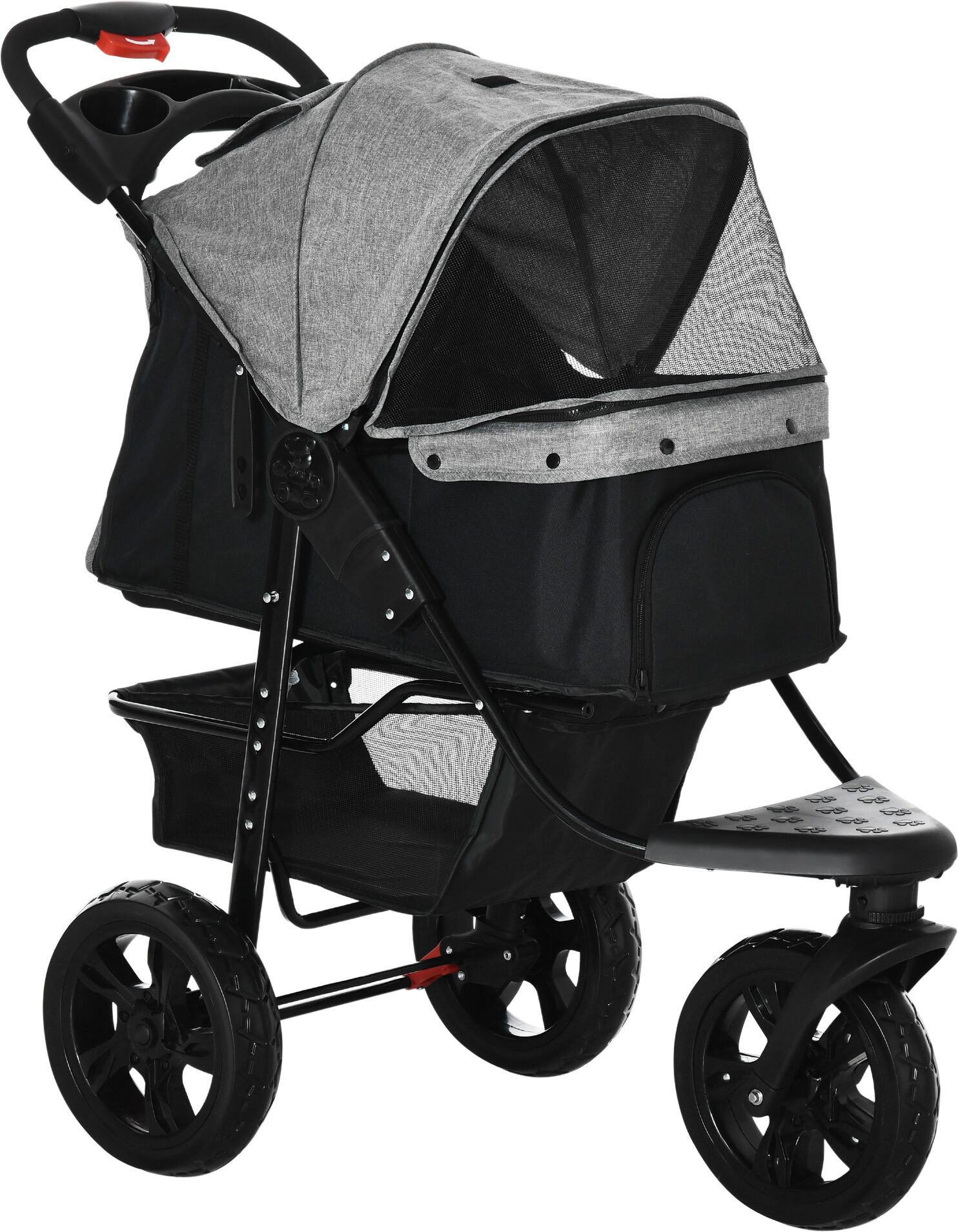 PawHut Dog Pushchair Folding Pet Stroller 3 Wheel Dog Jogger Travel Carrier Adjustable Canopy Storage Brake Mesh Window Grey