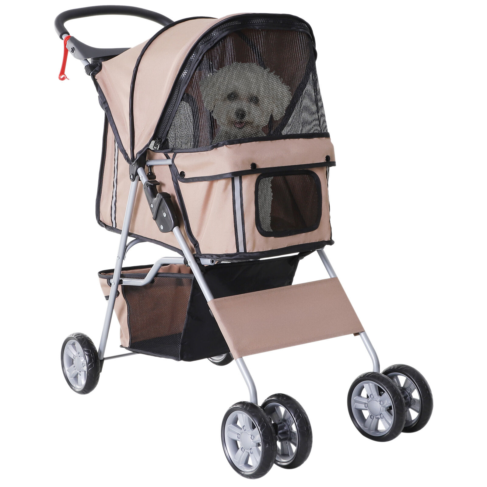 PawHut Pet Stroller Dog Pram Foldable with Wheels, Zipper Entry, Cup Holder, Storage Basket, Brown