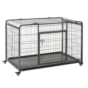 PawHut Foldable Heavy Duty Dog Crate, Double Door Pet Kennel with Removable Tray, Lockable Wheels, 125cm x 76cm x 81cm