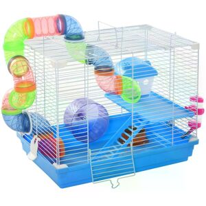 Pawhut 2 Tier Hamster Cage Carrier Habitat Small Animal House with Exercise Wheels Tunnel Tube Water Bottle Dishes House Ladder for Dwarf Mice, Blue