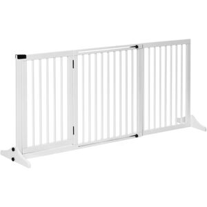 PawHut Adjustable Wooden Pet Gate Freestanding Dog Barrier Fence Doorway 3 Panels Safety Gate w/ Lockable Door White 71H x 113-166W cm