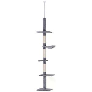 PawHut Cats Floor to Ceiling Scratching Post w/ 5-Tier Plush Leisure Platforms Grey