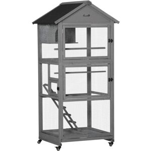 PawHut Bird Cage Mobile Wooden Aviary House for Canary Cockatiel Parrot with Wheel Perch Nest Ladder Slide-out Tray 86 x 78 x 180cm Dark Grey