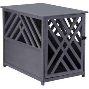 PawHut Furniture Style Wooden Dog Crate Kennel Top End Table Decorative Dog Cage Lattice Night Stand with Lockable Door, 60 x 91 x 74 cm, Grey