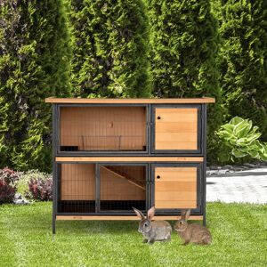 PawHut 2-Floor Wooden Guinea Pigs Hutches Bunny Cage Metal Frame Pet House with Slide-Out Tray Feeding Trough Ramp Lockable Door Openable Roof