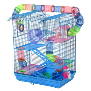PawHut Hamster Habitat, 5 Tier Cage with Exercise Wheels, Tunnel, Water Bottle, Dishes, Ladder, Blue