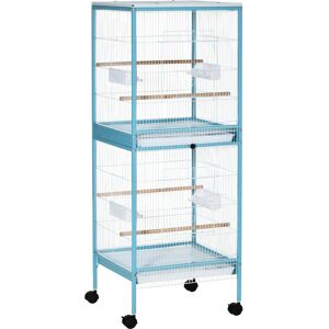 PawHut 2-In-1 Large Bird Cage Aviary, Mobile, Slide-out Trays, Wooden Perch, Feeding Bowls, for Finches Canaries Budgies, Sky Blue