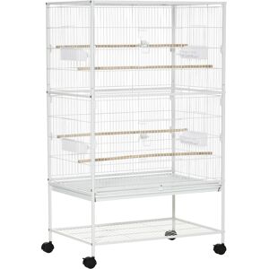 PawHut Large Aviary Bird Cage for Canaries, Budgies with Rolling Stand, Slide-out Cleaning Tray, Perch, Food Containers, White