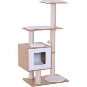 PawHut Wooden Cat Tree with Scratching Post, Multi-level Kitten House Condo, Activity Centre with Cushion and Hanging Toy