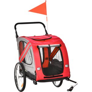 PawHut Dog Bike Trailer 2-in-1 Pet Stroller Cart Bicycle Carrier Attachment for Travel in steel frame with Universal Wheel Reflectors Flag Red