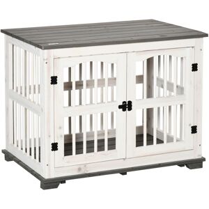 PawHut Wooden Dog Crate Furniture Pet Kennel Cage End Table for Small Medium Dogs, Indoor, White, 85.5 x 59.5 x 68 cm