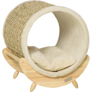 PawHut Elevated Cat House, Kitten Bed with Scratcher, Soft Cushion, Pet Shelter, 41 x 38 x 43 cm, Khaki