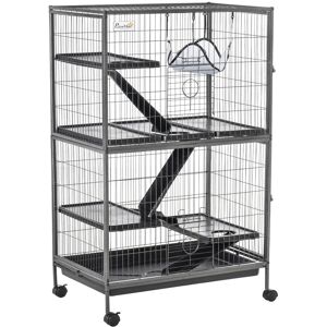 PawHut Small Animal Cage for Chinchilla Ferret Kitten on Wheels with Hammocks Removable Tray, Silver Grey