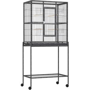 PawHut Bird Cage Metal Canary Cages for Parakeet with Detachable Rolling Stand, Storage Shelf, Wood Perch, Food Container