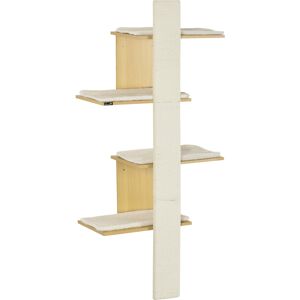 PawHut Cat Tree for Indoor Cats, 4-Layer Wall-Mounted Shelf, Kitten Perch Climber Furniture with Cushions and Scratching Board, Oak