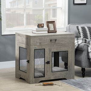 PawHut Indoor Use Dog Crate Furniture with Cushion, Double Doors Pet Kennel End Table with Drawer for Medium Dogs, Grey