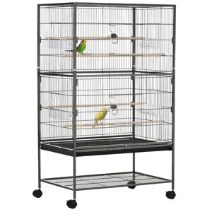 PawHut Large Bird Cage Budgie Cage for Finch Canaries Parakeet with Rolling Stand, Slide-out Tray, Storage Shelf, Food Containers, Dark Grey