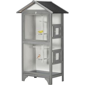 PawHut Wooden Outdoor Bird Cage, for Finches and Canaries, with Removable Tray, Asphalt Roof - Grey