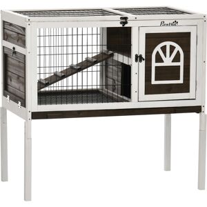 PawHut Wooden Rabbit Hutch with Openable Roof, Elevated Guinea Pig Cage with Ladder, Small Animal House w/ Slide-out Tray 90 x 53 x 87cm Coffee Brown