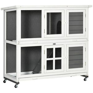 PawHut Wooden Rabbit Hutch with Wheels, Guinea Pig Cage, Small Animal House for Outdoor & Indoor with Slide-out Trays, 119 x 50.5 x 109cm, Grey