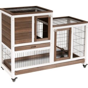 PawHut Wooden Indoor Rabbit Hutch Guinea Pig House Bunny Small Animal Cage W/ Wheels Enclosed Run 110 x 50 x 86 cm, Brown