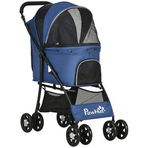 PawHut Foldable Pet Stroller, Dog Cat Travel Carriage with Universal Wheels, Brake Canopy, Basket Storage, Dark Blue.