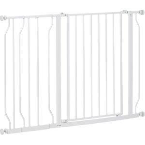 PawHut Expandable Dog Gate with Door pressure,75-115cm Doorway Pet Barrier Fence for Hallways, Staircases, White