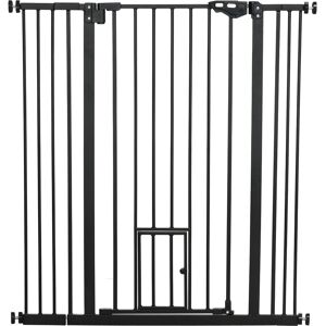 PawHut Extra Tall Pet Gate, Indoor Dog Safety Gate, with Cat Flap, Auto Close, 74-101cm Wide - Black