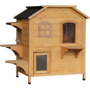 PawHut Wooden Cat House Condos Cat Cave Pet Shelter 2 Floor Villa Outdoor Furniture Natural Wood Finish