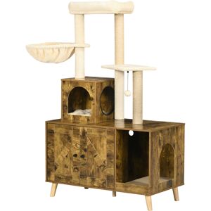 PawHut Cat Litter Box Enclosure, with Tree Tower, Cat House, Hammock, Cushion - Rustic Brown