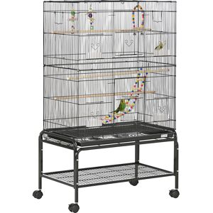 PawHut Bird Cage with Stand, Toys, Wheels, for Canaries, Finches, Lovebirds, Parakeets, Budgie Cage with Accessories, Storage Shelf, Black